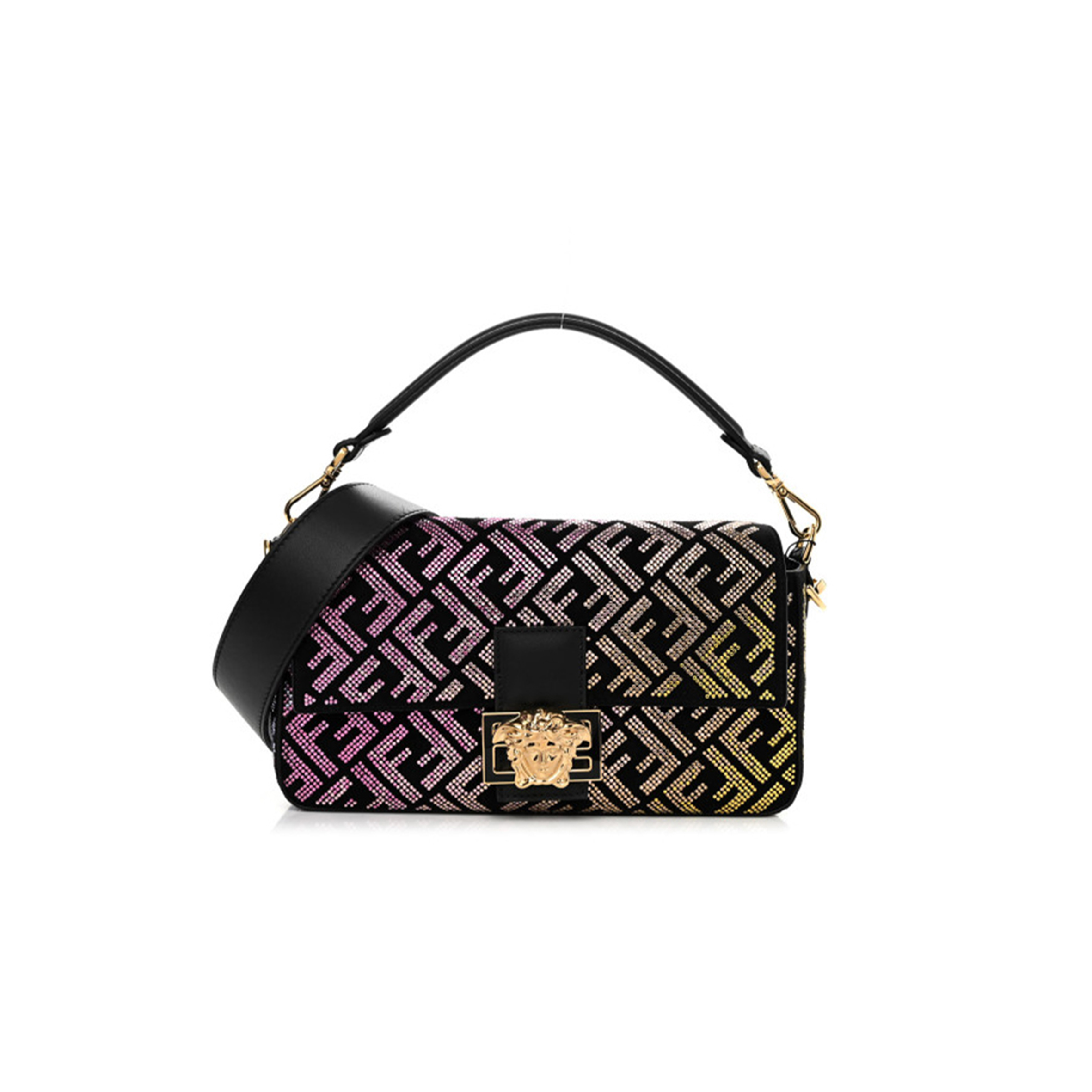 FENDI X VERSACE MAMMA BUCKET LEATHER X RHINESTONE SHOULDER BAG BLACK  (27*15*6cm)
